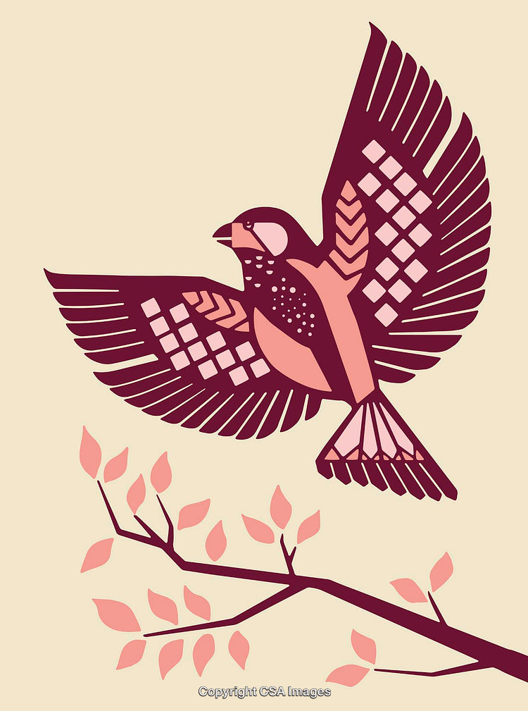 Colorful Line Art Bird Flying Above Tree Branch with Leaves