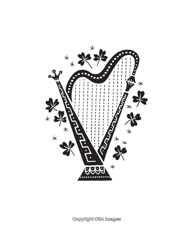 Black and White Line Art Harp with Clover Illustration