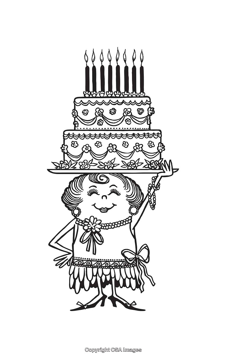 Charming Black and White Cake-Themed Character Illustration with Candles