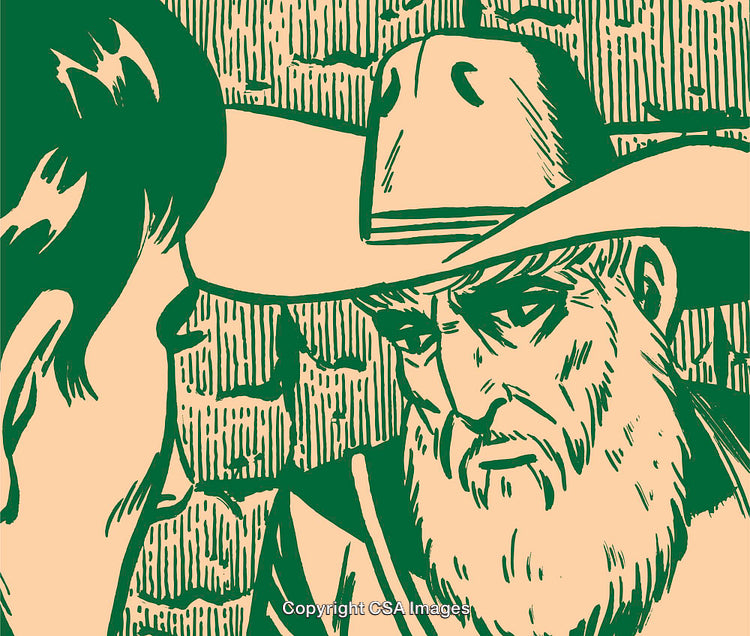Vintage Cowboy-Themed Illustration Showing a Dialogue Between Two Characters