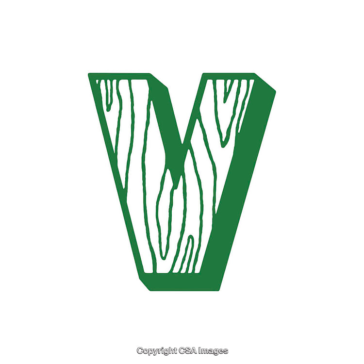 Green Letter V with Wooden Texture on White Background