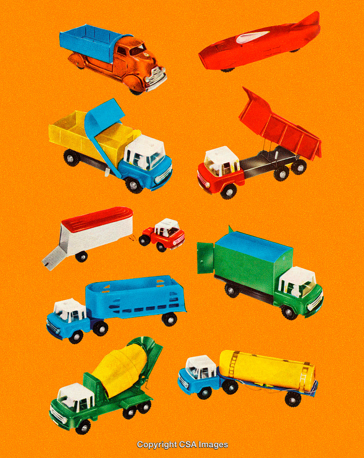 Collection of Stylized Vintage Toy Trucks in Vibrant Colors on Orange Background