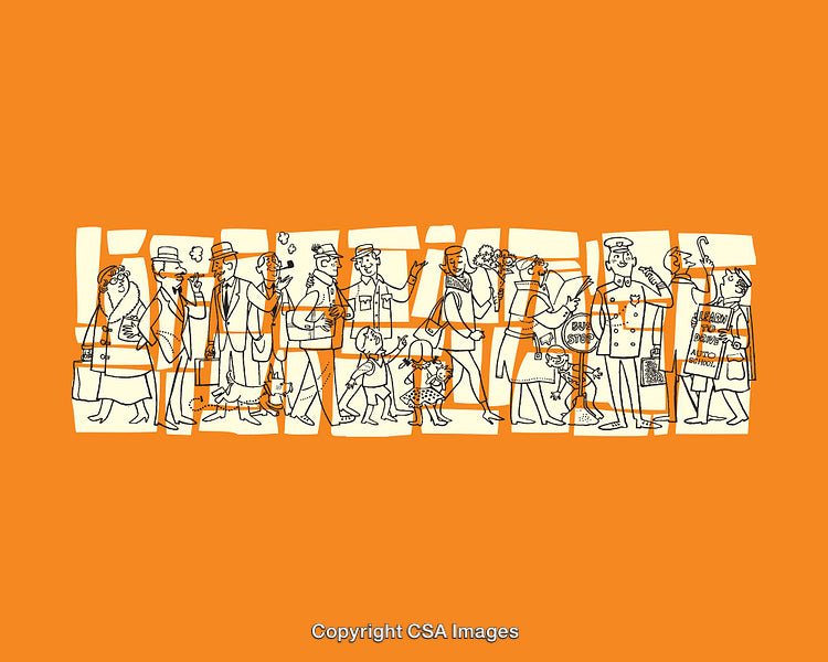 Line Art of Diverse Urban Characters in an Orange Background