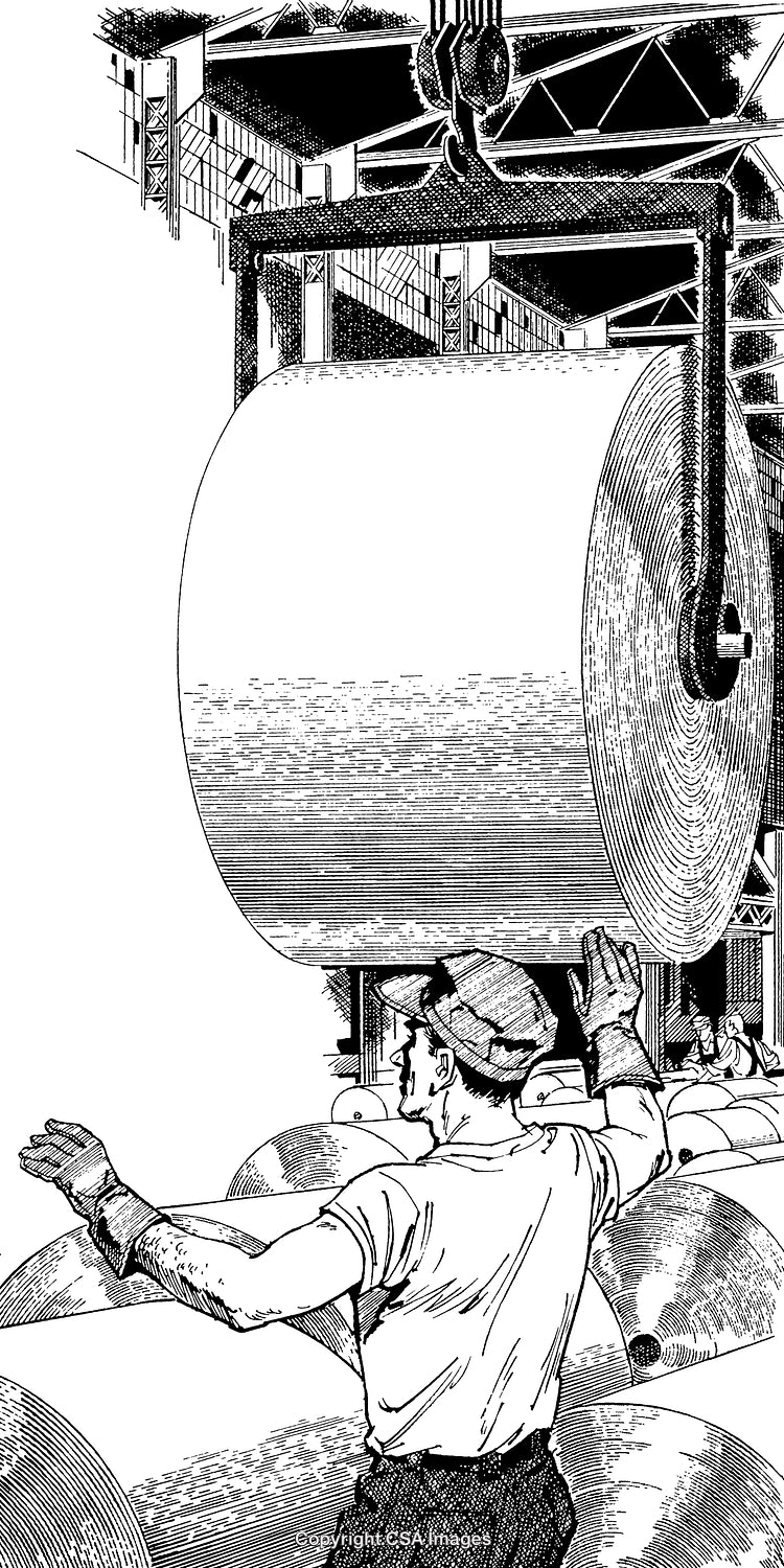 Worker Oversees Large Paper Roll in Industrial Mill Black and White Engraving