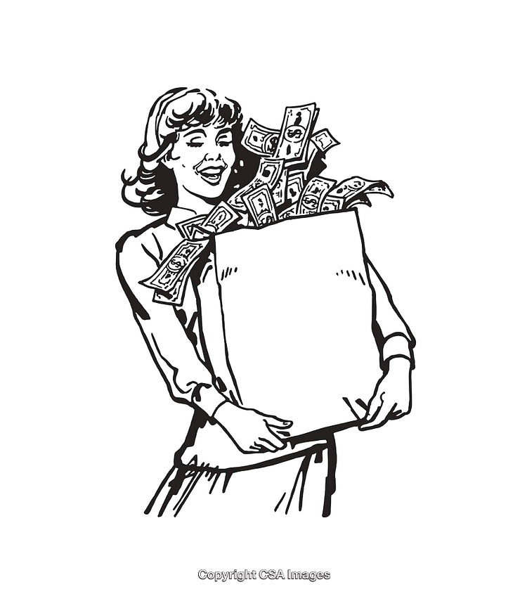 Retro Black and White Line Art of Woman Holding Bag of Money