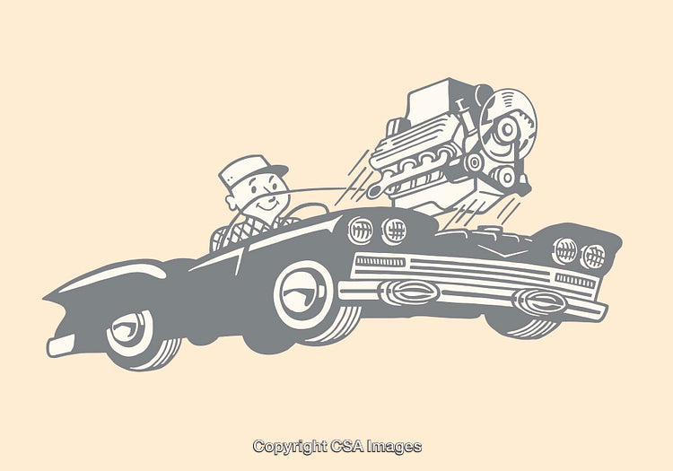 Retro Style Illustration of a Happy Driver and Car Engine