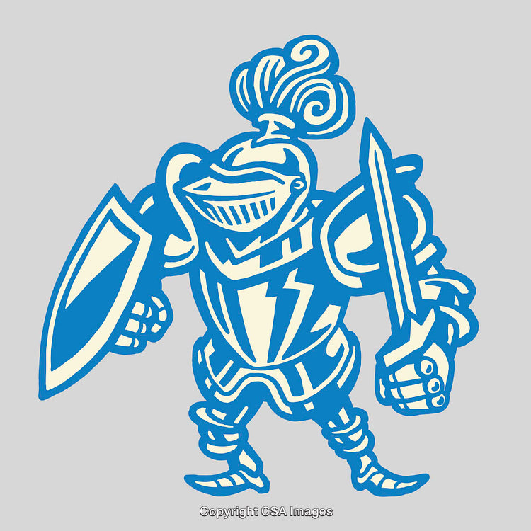 Blue And White Armored Knight Illustration with Sword and Shield on Gray Background