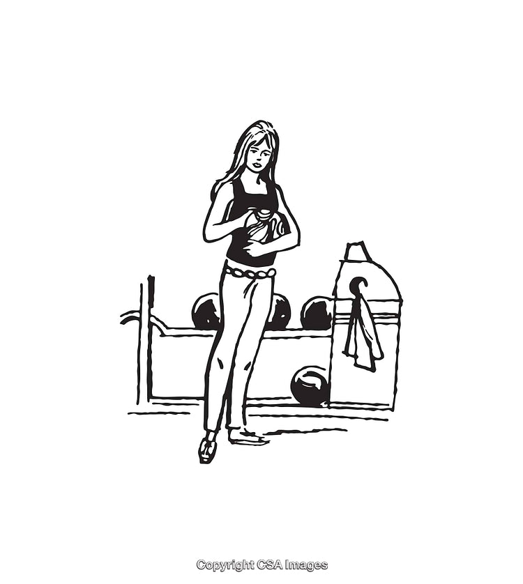Black and White Line Art of Woman Standing Near Workout Equipment