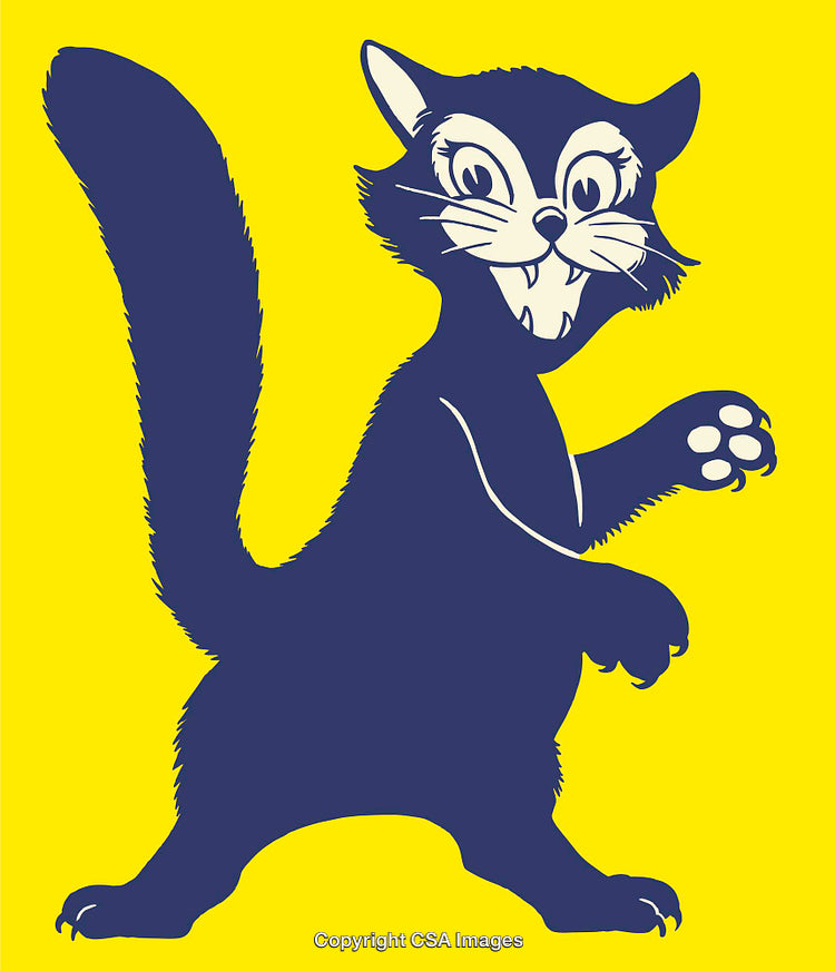 Cartoon Cat Illustration in Bold Yellow and Blue Color Scheme