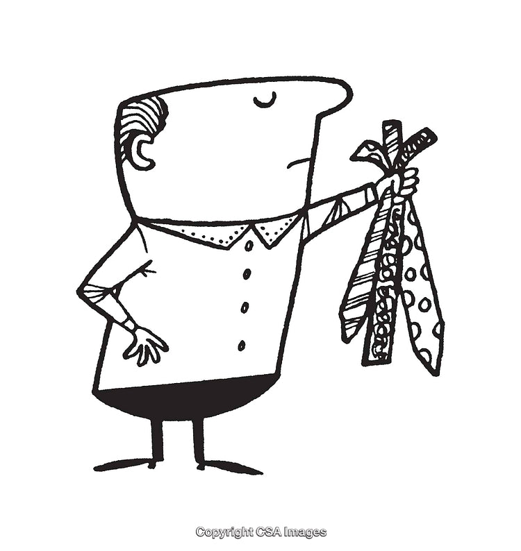 Cartoon Character Contemplating Necktie Choices in Black and White Line Art