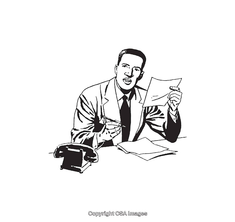 Retro Illustration of a Businessman Reviewing Documents and Using a Telephone