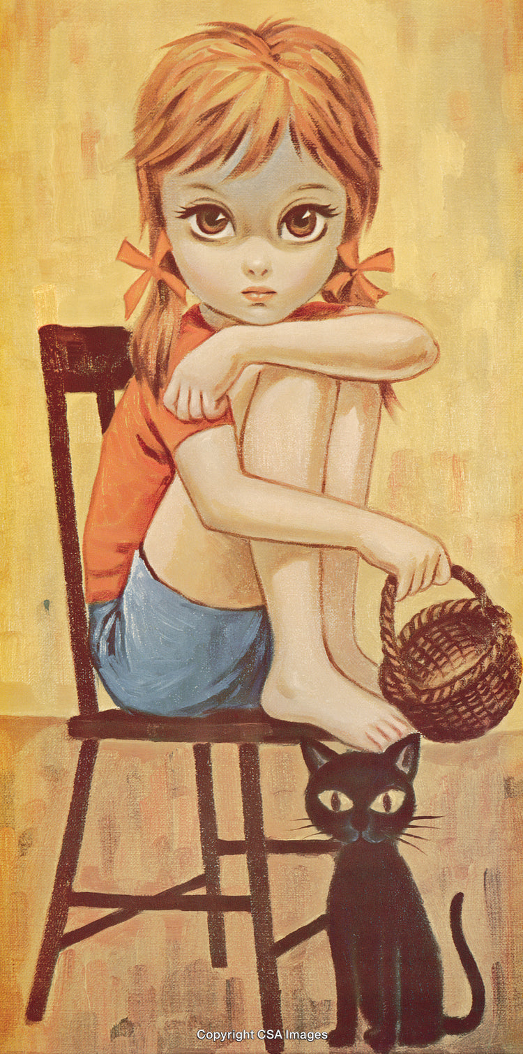 Thoughtful Girl Sitting on Chair with Black Cat in Bright Vintage Artwork