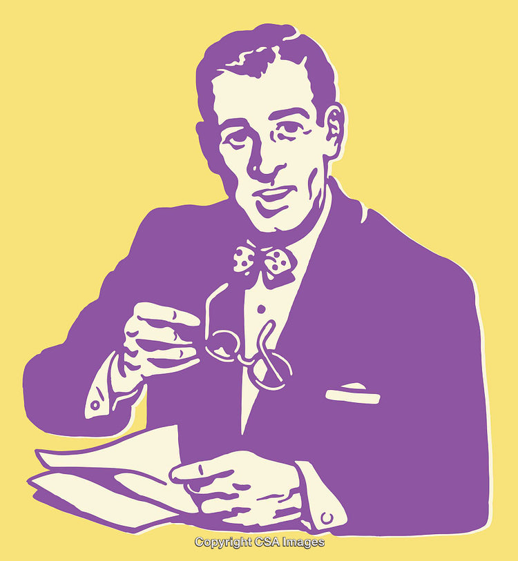 Retro Style Illustration of a Man Holding Glasses and Papers