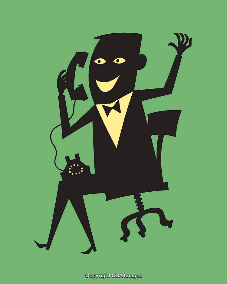Retro Style Cartoon Person Using Telephone at Desk with Green Background