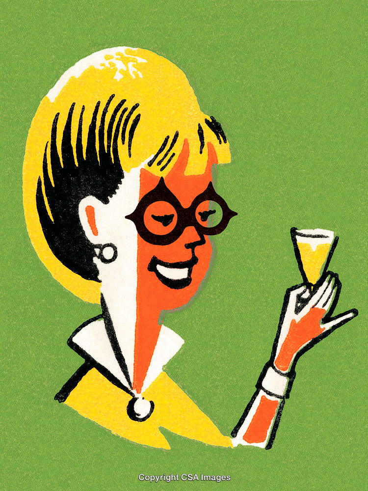 Retro Illustration of a Woman Holding a Glass on Green Background