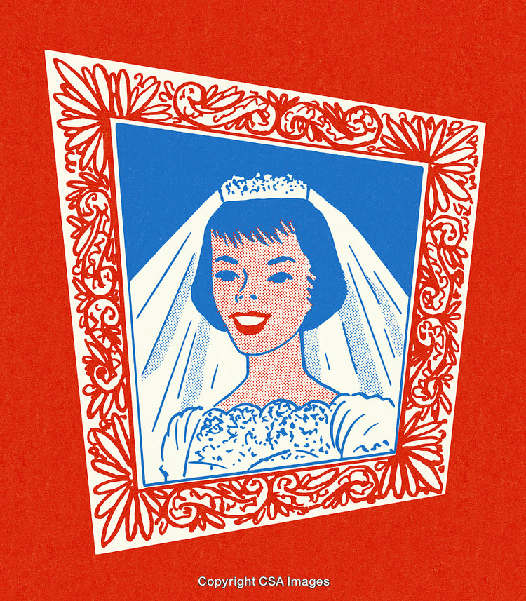 Retro Bride Illustration in Red and Blue Pop Art Style with Floral Frame