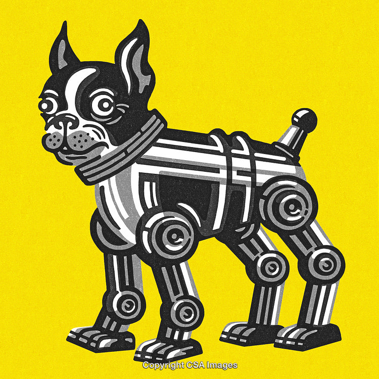 Robotic Illustration of a Dog with Mechanical Details on Yellow Background
