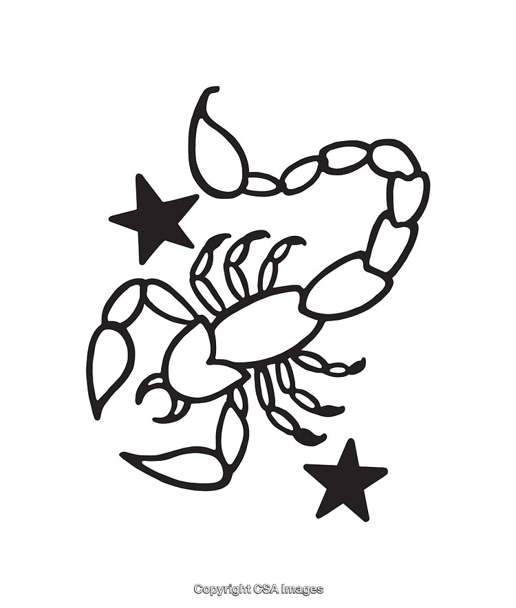 Black and White Line Art Illustration of a Scorpion with Stars