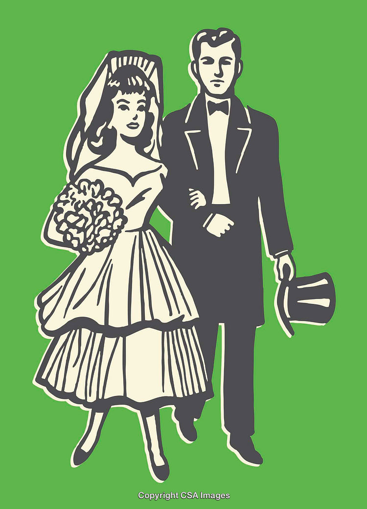 Vintage Wedding Illustration of Bride and Groom on Bold Green Background