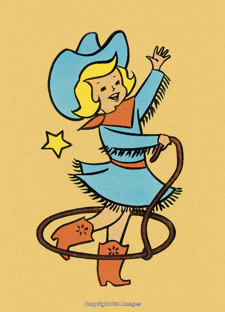 Vintage Cowgirl Illustration With Lasso and Star on Yellow Background