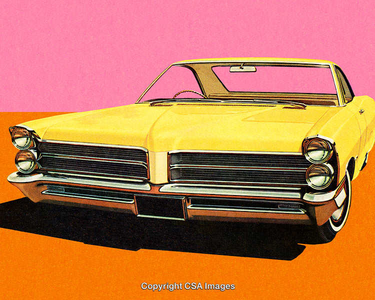 Vintage Yellow Car with Pop Art Style and Retro Design Elements