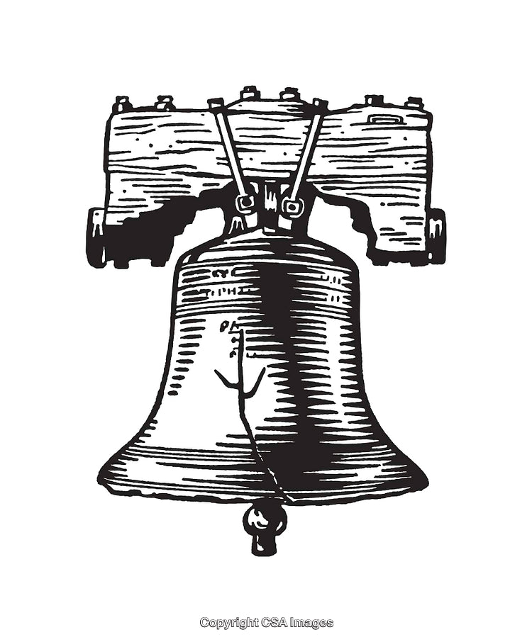 Illustrated Black-and-White Line Art of a Cracked Liberty Bell