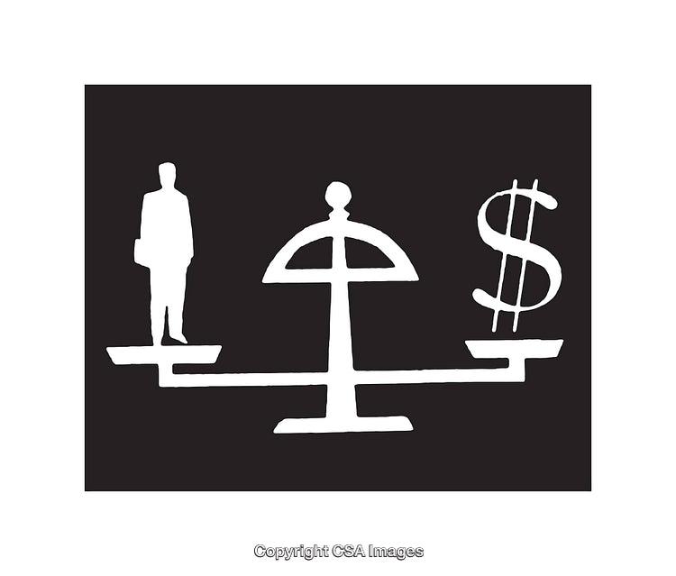 Balance Scale Illustration depicting Money and Business Person in Black and White