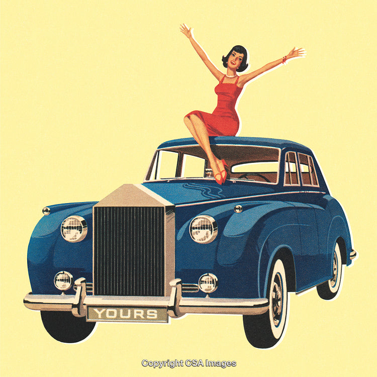 Stylized Illustration of Woman Sitting on Vintage Luxury Car