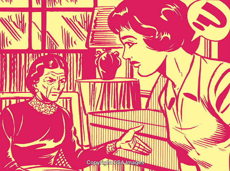 Vintage Illustration of Two Women Conversing in a Retro Living Room Setting