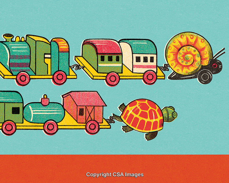 Colorful Cartoon Train with Snail and Turtle on Illustrated Tracks
