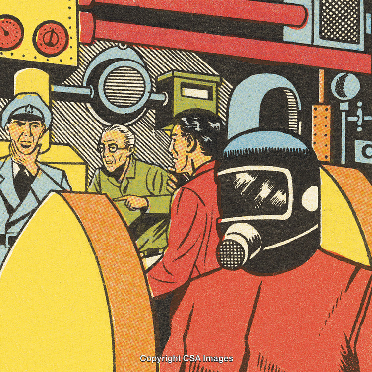 Retro Styled Illustration Depicting a Futuristic Laboratory Scene With Figures