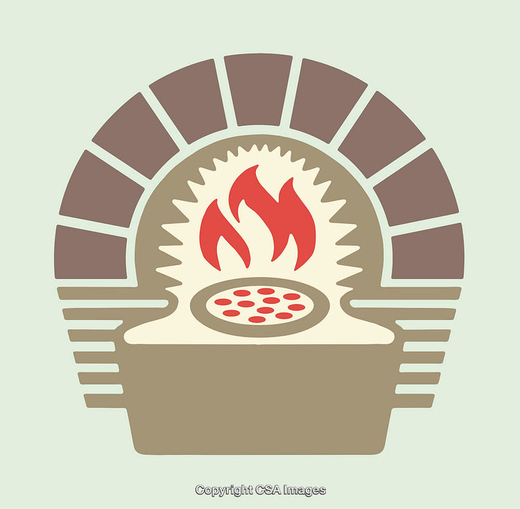 Line Art Illustration of a Brick Oven with Pizza and Flames