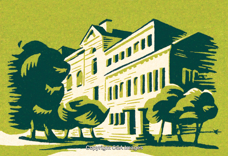 Vintage Illustration of a Building Surrounded by Trees on a Green Background