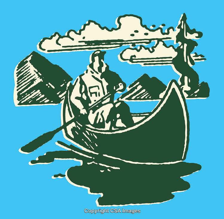 Vintage Line Art of a Canoe Ride with Scenic Mountain Background