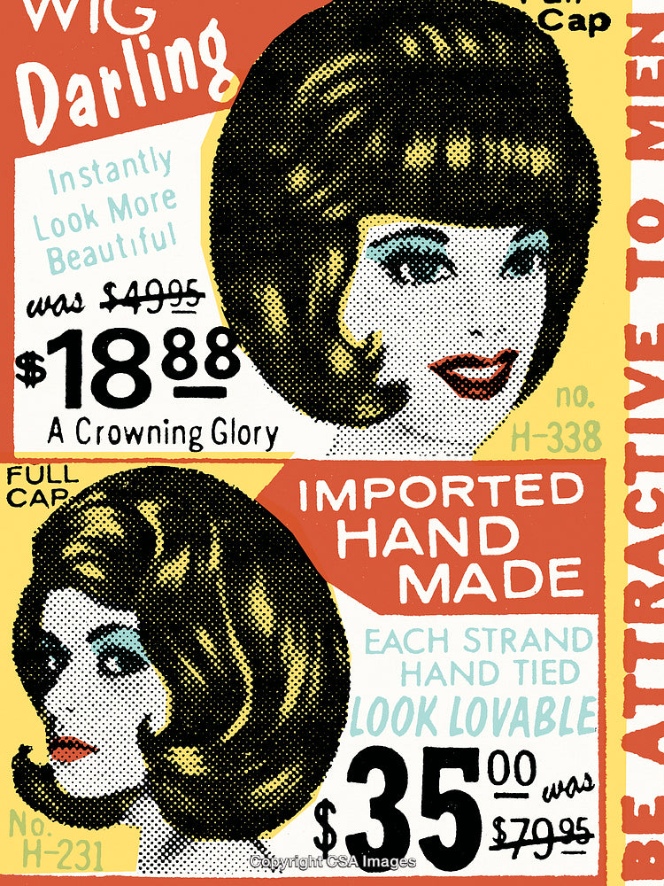 Vintage Advertisement for Fashionable Wigs with Bold Retro Style Art