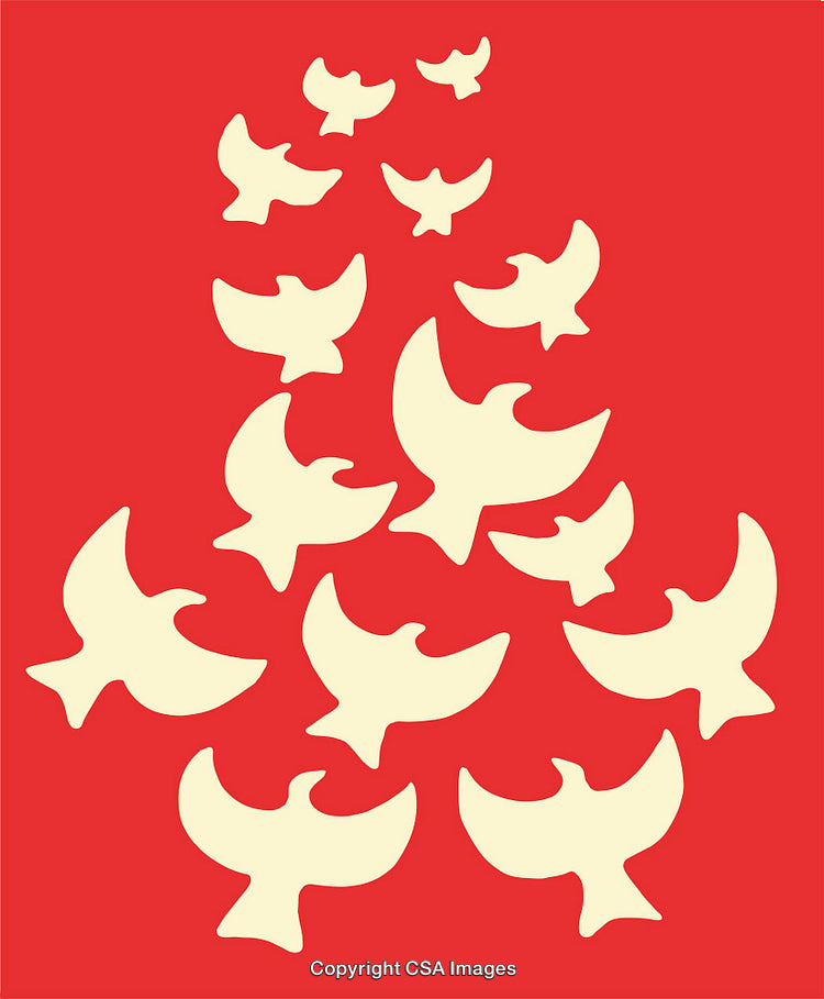 Minimalist Abstract Doves Illustration with Red Background and Cream Silhouettes