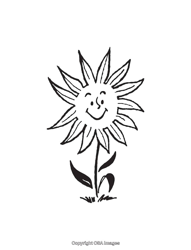 Hand-Drawn Smiling Sunflower Illustration in Black and White Line Art Style