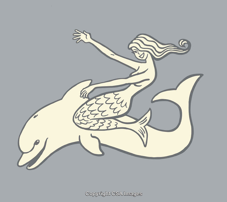 Whimsical Mermaid Riding on a Dolphin in Abstract Line Art Style