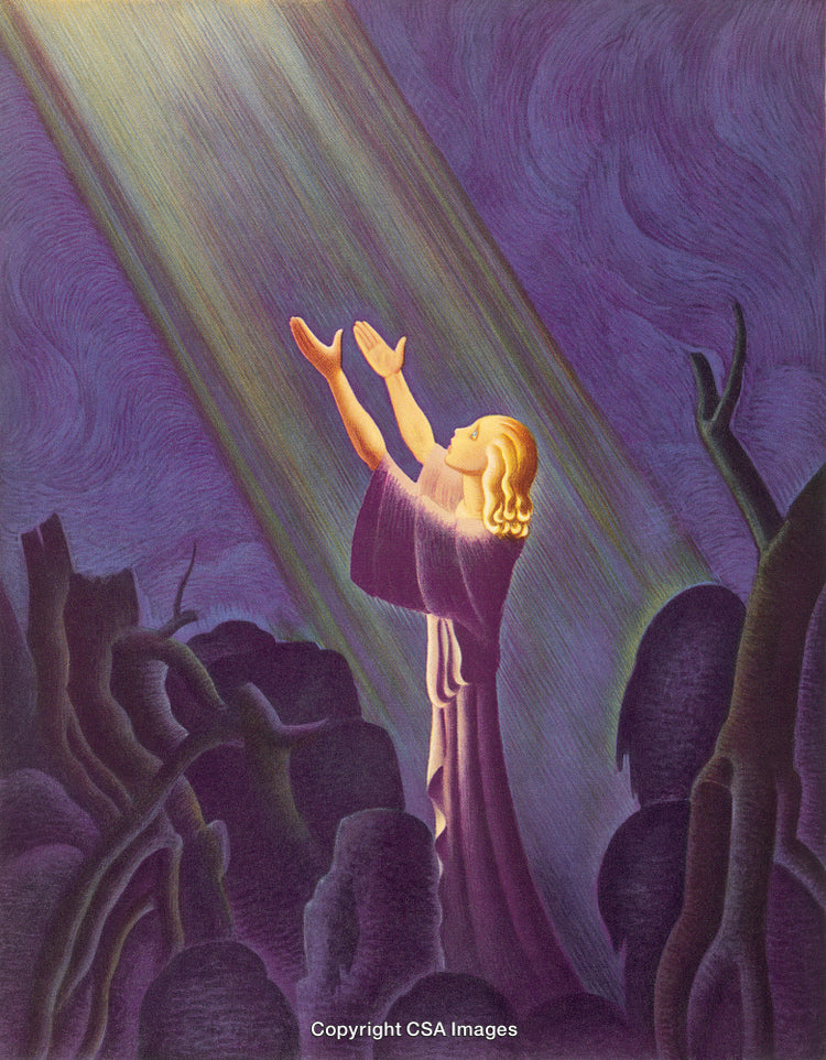 Ethereal Scene of a Figure Reaching Toward Divine Light in Twilight Forest