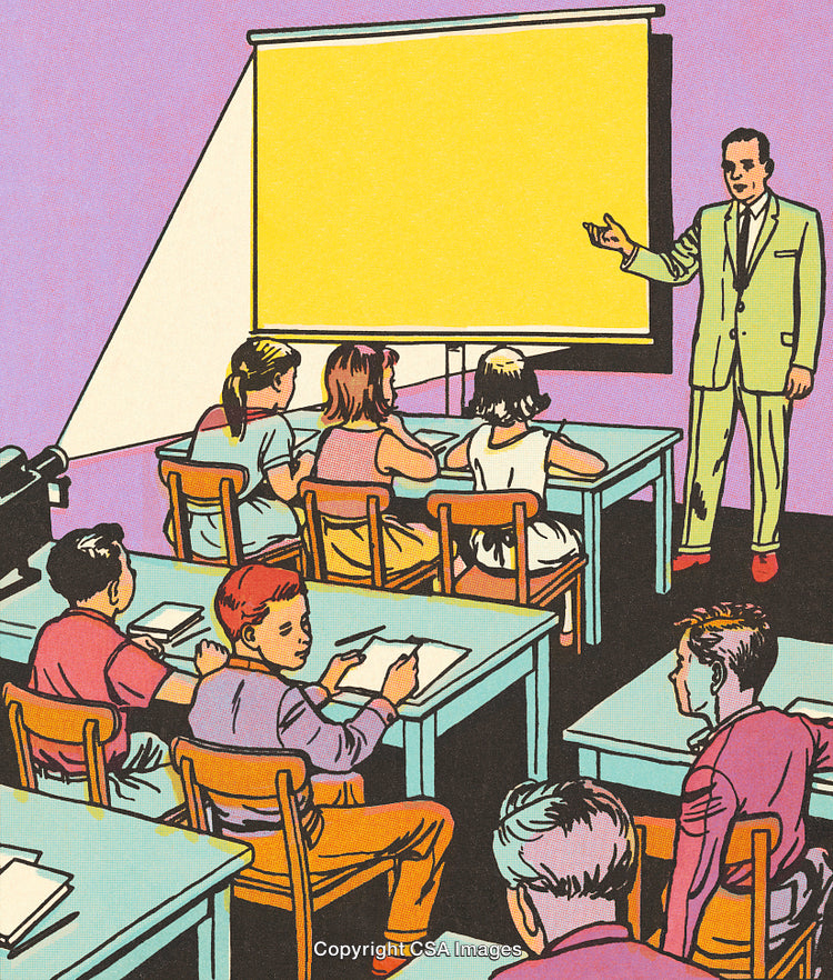 Classroom Illustration with Teacher and Students in a Retro Comic Style