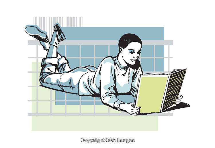 Illustrated Young Person Reading a Book on a Geometric Background