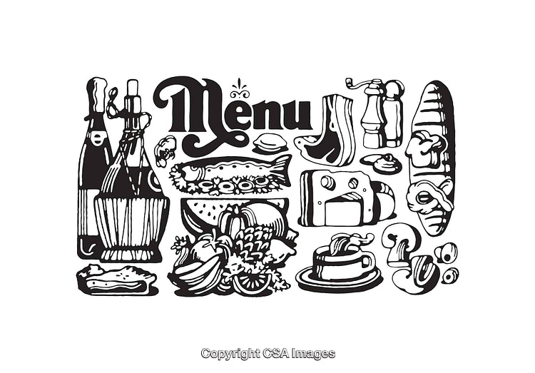 Black and White Illustrated Menu with Food and Drink Elements
