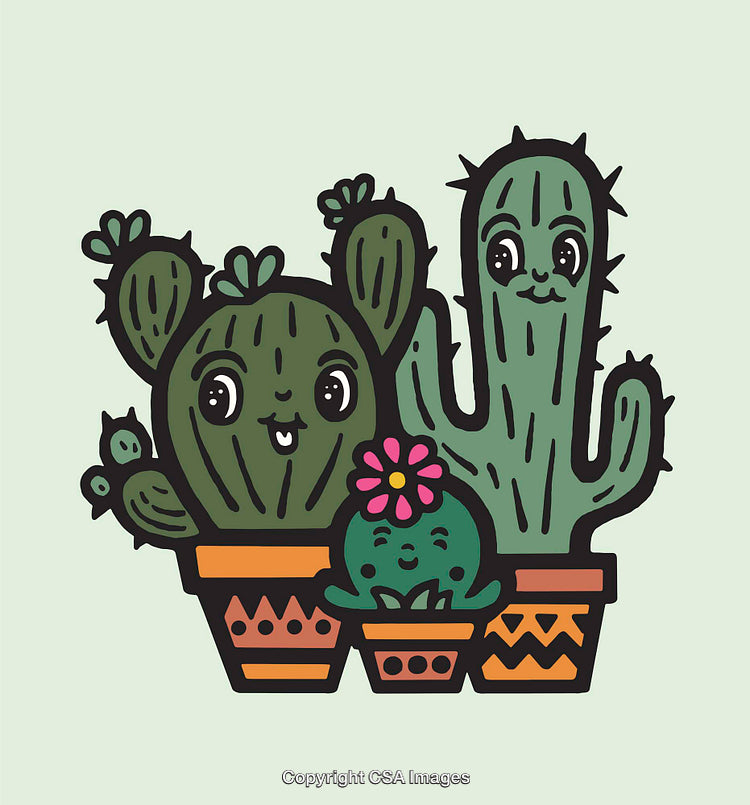 Cute Cartoon Cactuses in Colorful Flower Pots Smiling Cheerfully
