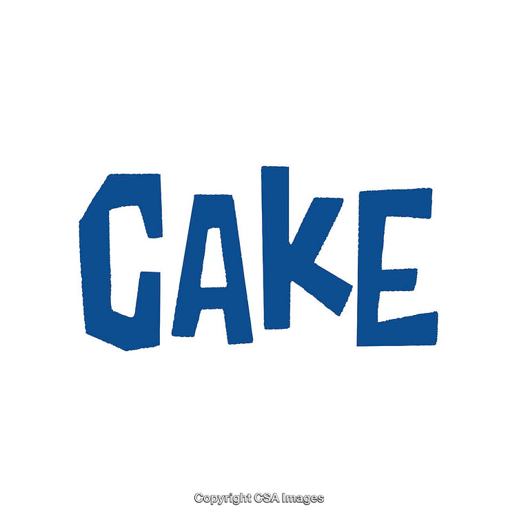 Bold Blue Text Spelling Cake on Clean White Background