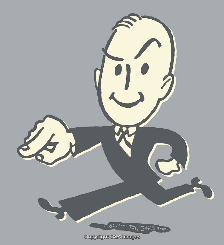 Playful Illustration of a Businessman in Dynamic Motion on Gray Background