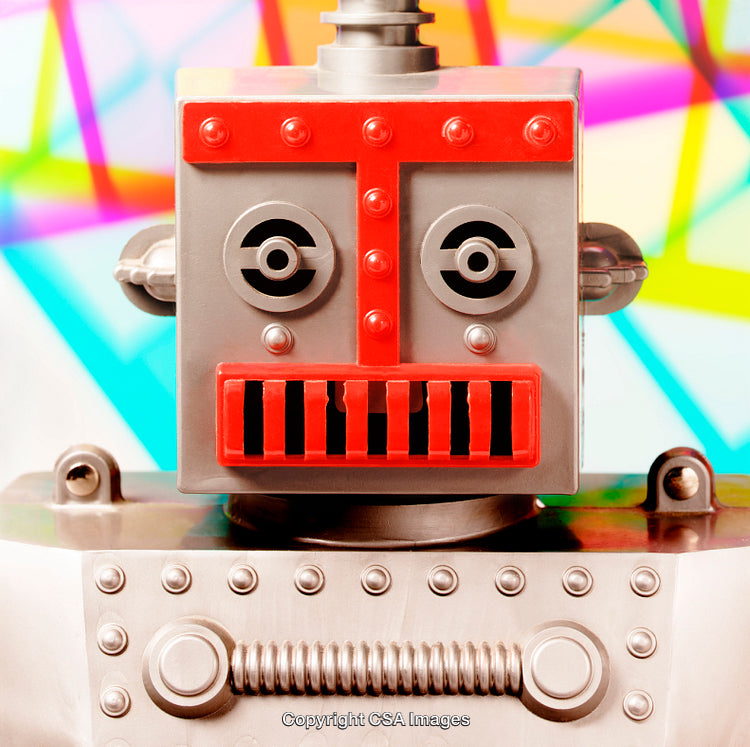 Retro Robot Toy With Vibrant Background and Mechanical Features