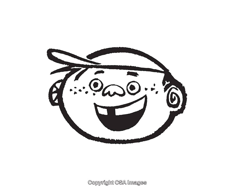 Black and White Cartoon Illustration of a Smiling Boy Wearing a Cap
