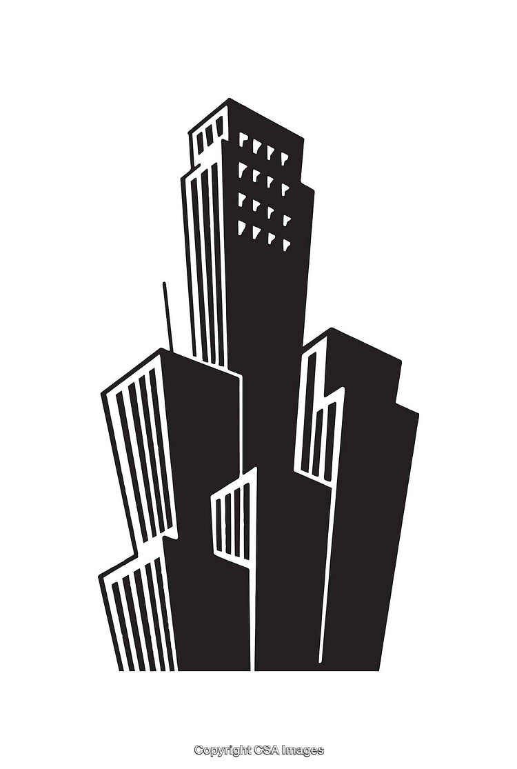 Stylized Black and White Line Art Illustration of Urban Buildings