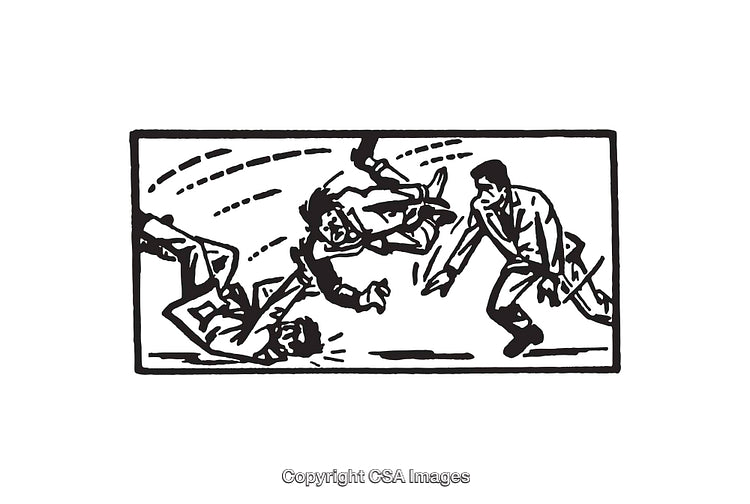 Black And White Line Art Depicting Dynamic Actions In A Scene