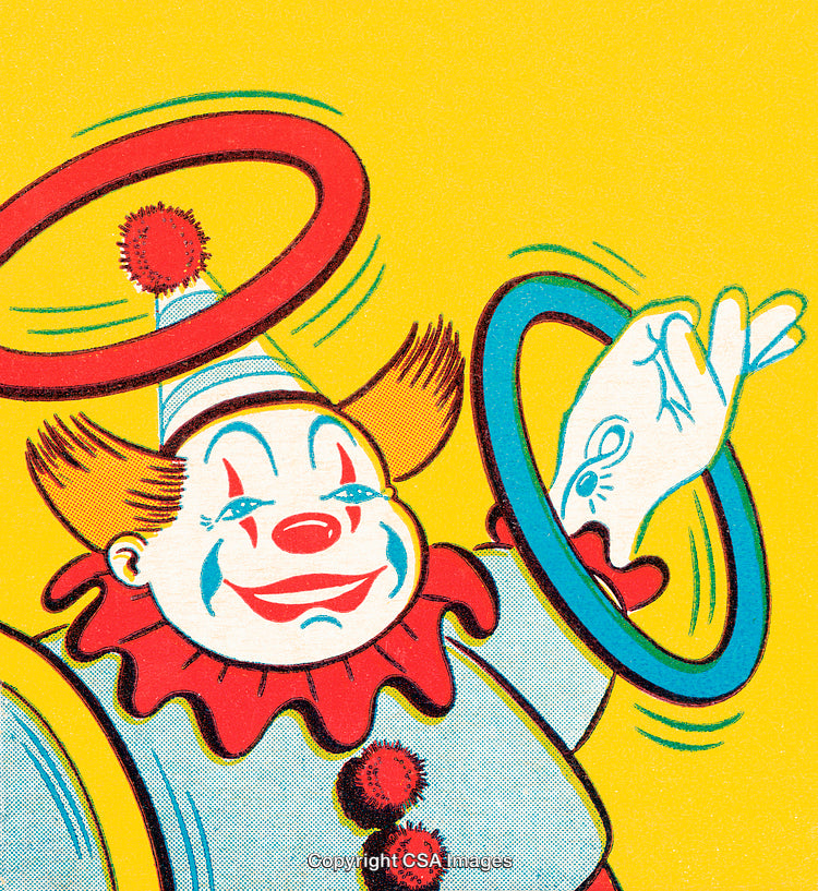 Smiling Clown Juggling Colorful Rings Against a Bright Yellow Background